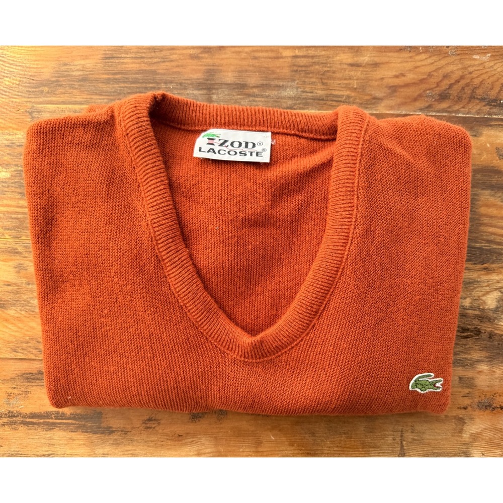 60s 70s VTG IZOD Lacoste Sweater V Neck Jumper Pullover Classic Logo Rust Orange